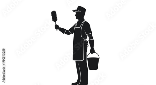 A chimney sweep stands with tools a distinctive silhouette on transparent background