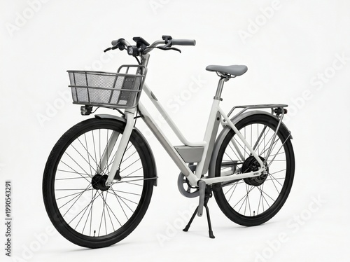 Modern white electric city bike with front basket and rear rack on white background