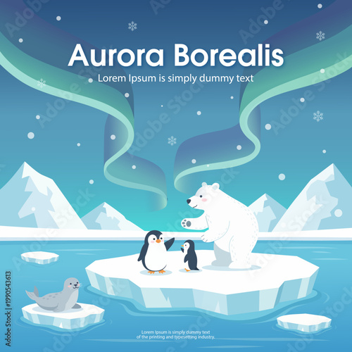 Beautiful Northern Lights over Arctic Ocean with Polar Animals on Floating Ice