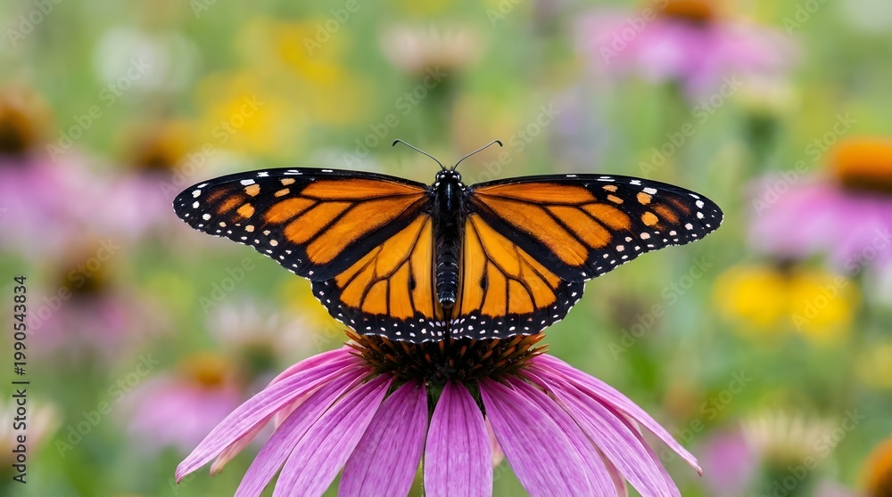 Obraz premium A monarch butterfly perched on a vibrant purple flower in a colorful garden filled with blurred flowers.