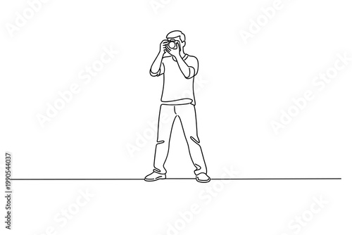 One continuous line drawing of a person holding a camera to their eye, capturing a moment, a photographer documenting memories with their equipment