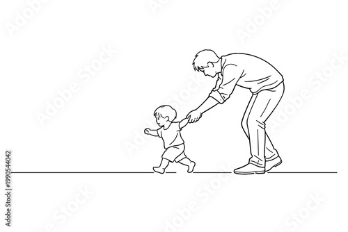 Touching line art of a devoted father patiently guiding his young child's first steps, symbolizing growth, development, and family life