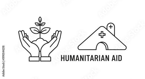 Humanitarian aid concept line art icons showing hands holding plant and medical shelter.