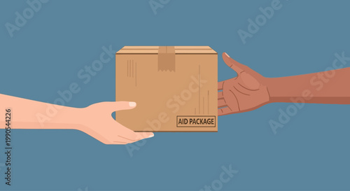 Handing over a cardboard box delivery package between two hands.