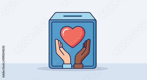 Vector illustration of a donation box with a heart and diverse hands supporting it.
