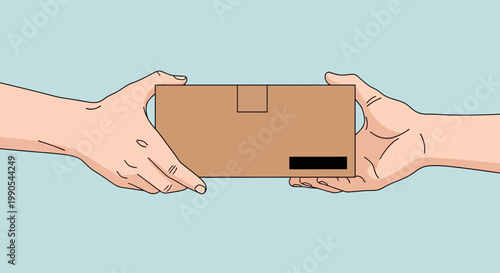 Illustration of two hands passing a brown cardboard package box.