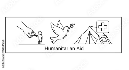 Humanitarian aid banner with icons of a child peace dove and medical tent.