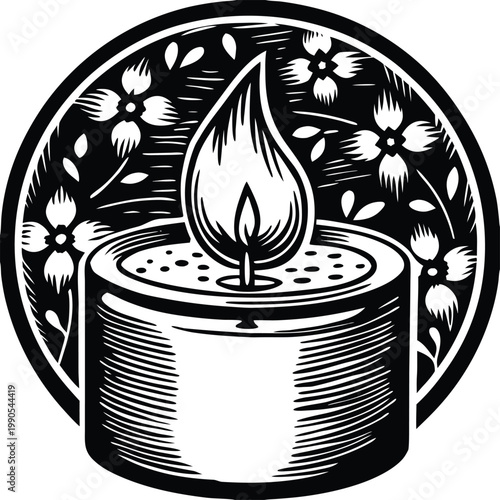 Black and white candle flame icon, floral pattern background, vector illustration, monochrome design