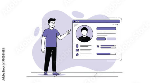 Person Pointing at a Stylized User Profile Card with Personal Data and