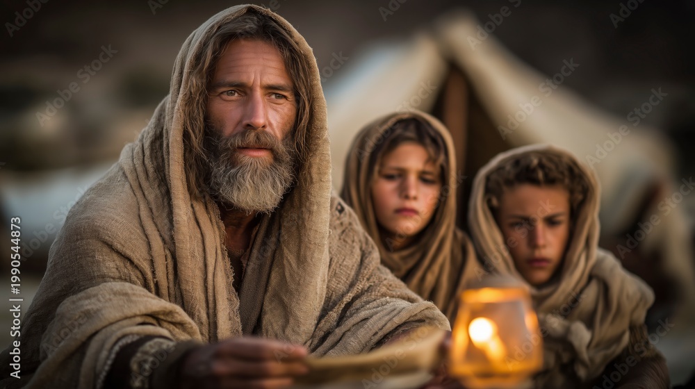 Fototapeta premium Fathers teach their children by lamplight at dusk, passing on the commandments in a quiet moment of faith, family, and living tradition. 
