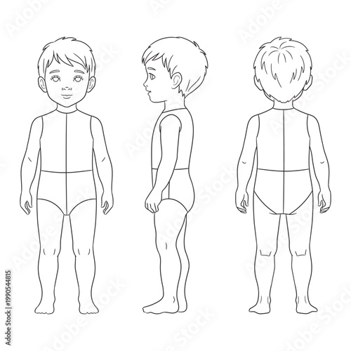 Vector fashion figure template of a 3-year-old toddler boy featuring front, side, and back views for professional apparel design and technical sketching


