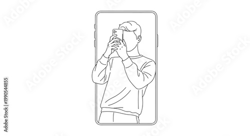 Line art illustration of a young man taking a selfie with a smartphone.