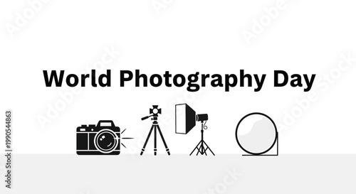 World Photography Day Illustration with Camera Tripod and Lighting Equipment.