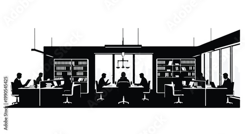 Modern office interior with professionals working at desks in a collaborative workspace environment with large windows and bookshelves