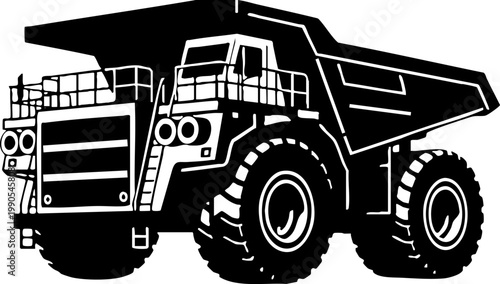 Black and white illustration of a heavy mining dump truck