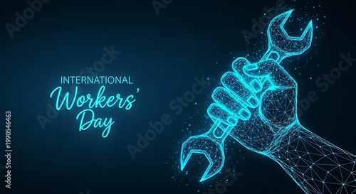 Hand holding wrench abstract digital art for international workers' day. 8K with low poly wireframe abstract technology industry mechanic low poly international workers' day. 8K