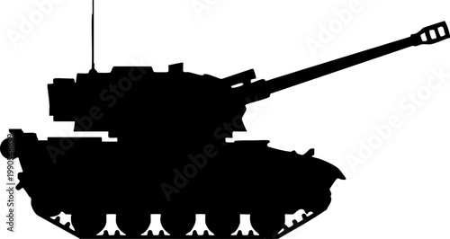 Black silhouette of a heavy military tank isolated on white