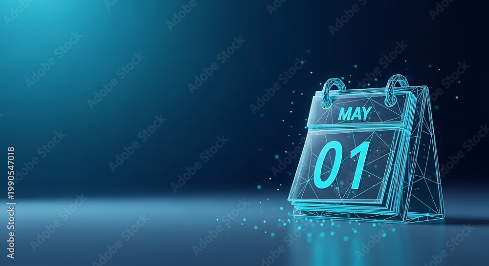 Fototapeta premium Digital calendar showing may 1st representing international workers' day. 8K labor day calendar technology futuristic computers celebration low poly international workers' day. 8K