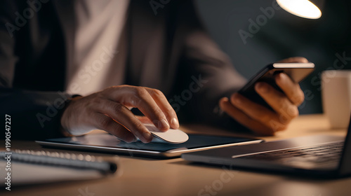 Hands switching mouse and keyboard between personal tablet and work laptop, Generative AI illustrations.