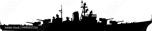 Black silhouette of a large naval battleship on white background