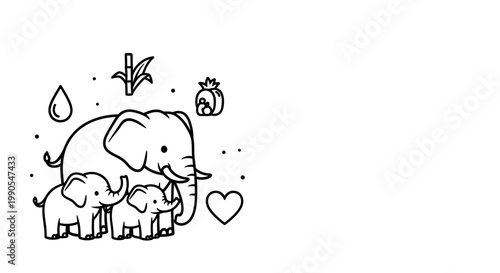 Cute mother elephant and two baby elephants line art illustration.