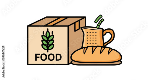 Food donation box with bread loaf and pitcher illustration.
