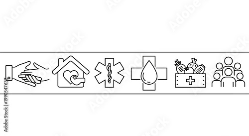 Humanitarian aid and social support line icons set for charity and community service.