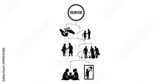 Volunteerism and Community Service Silhouette Illustration with Diverse Icons.
