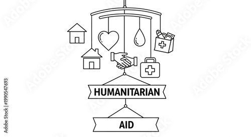 Humanitarian Aid Concept Illustration with Social Support Symbols and Banners.
