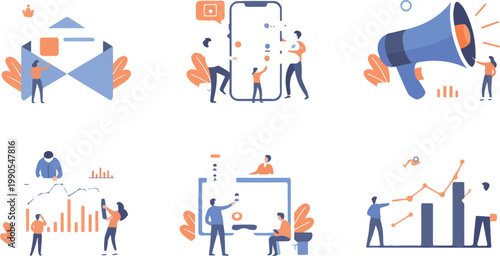 Corporate business analytics workflow flat design collection with small people researching financial data growth bars scatter plots and advertising campaign elements
