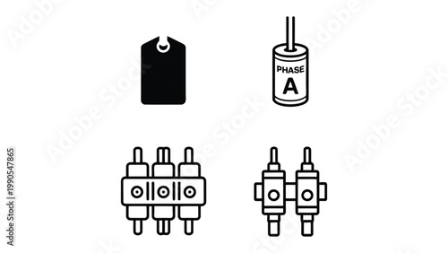 Black and White Electrical Components: A minimalistic representation of key electrical components, including a tag, a capacitor, and various connectors.