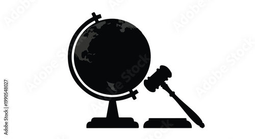 Global justice law concept with globe and gavel in black silhouette on white background for legal international business or environmental themes