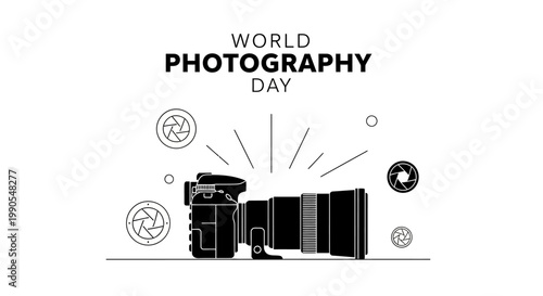 World Photography Day Celebration with Professional Camera Illustration.