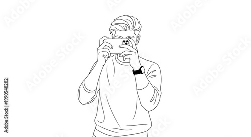 Man holding phone taking picture line art illustration.