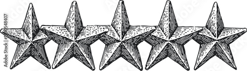 Five vintage engraved stars in a row detailed hand drawn decorative elements for rating or quality symbols