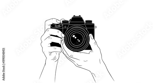 Hands holding a vintage camera taking a photo.