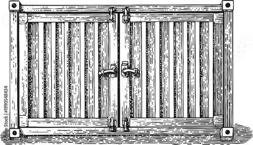 vintage wooden gate closed with metal latch, rustic double door illustration