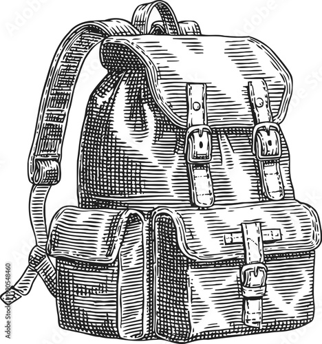 Vintage leather backpack with multiple pockets and buckles detailed hand drawn illustration