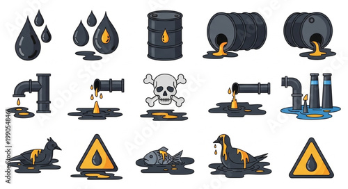 Collection of oil spill and pollution icons and symbols.