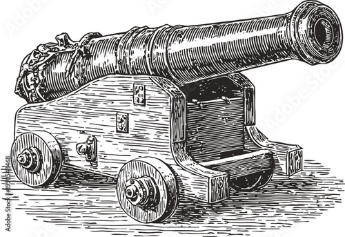 Antique cannon with wooden carriage, vintage military artillery weapon illustration