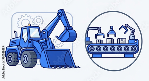 Blue construction vehicle and automated factory conveyor belt illustration.