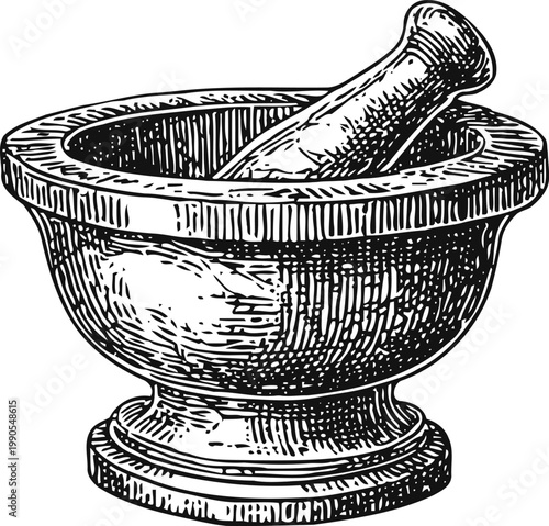 Vintage engraved mortar and pestle kitchen tool for grinding and crushing herbs and spices