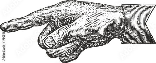 Vintage hand pointing right illustration detailed engraving finger direction symbol