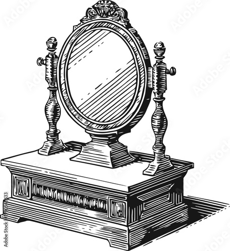 Vintage wooden vanity mirror with ornate frame and pedestal base illustration