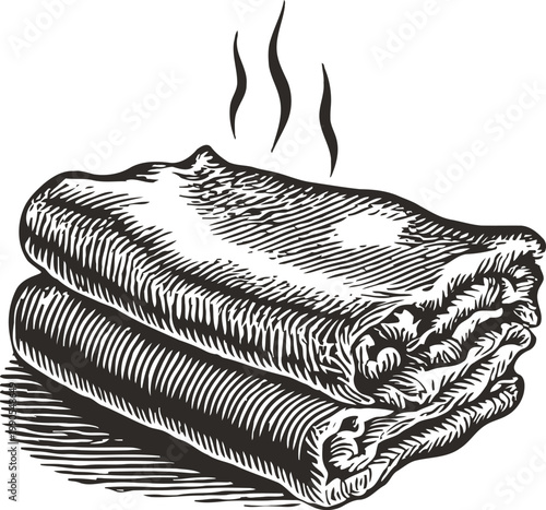 Stack of hot folded towels with steam rising, hand drawn vintage illustration
