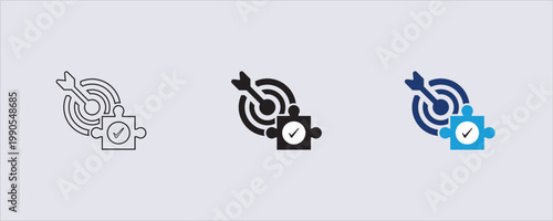 A vector icon, a solution and idea concept, a target with an arrow and a puzzle piece with a checkmark. achieving goals, strategic planning, and finding solutions. business presentations, website UI.