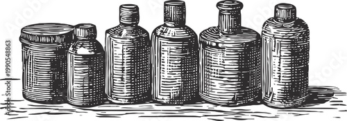 Vintage glass bottles and containers illustration classic apothecary jars and medicine bottles in black and white engraving
