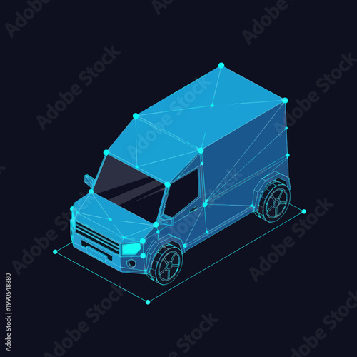 Futuristic Low Poly Delivery Van Illustration on Dark Background.