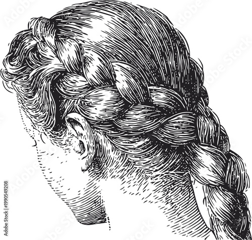 woman with long braided hair viewed from behind hand drawn vintage illustration of hair braid