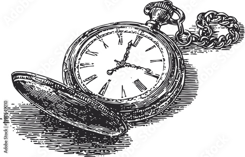 Vintage pocket watch with open cover detailed engraving old fashioned mechanical timepiece and chain illustration